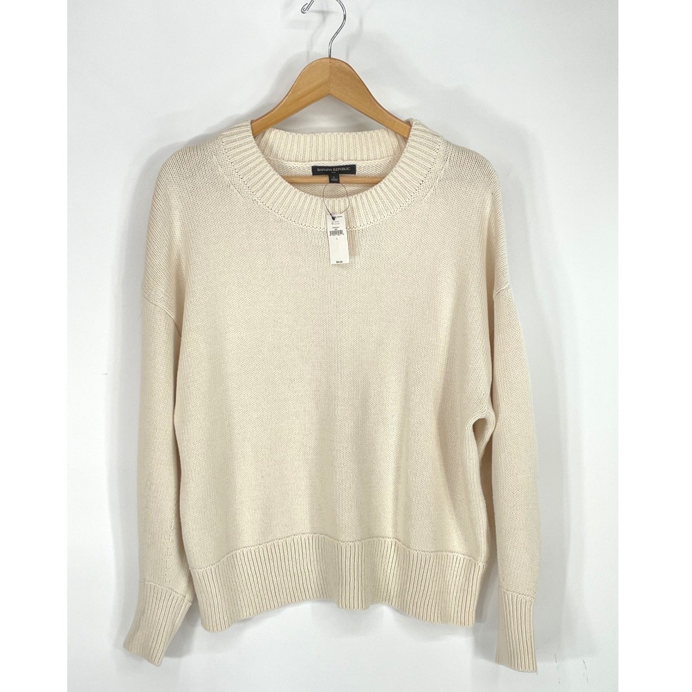 NWT Banana Republic Women Sweater L Crewneck Cream Boxy Shaker Stitch Cotton